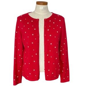 Christopher & Banks Red Button up Cardigan White Embroidered Snowflakes SzM
